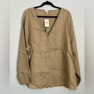 J.JILL LINEN BUTTON DOWN BLOUSE VNECK KHAKI - 4X - NWT
